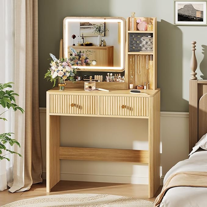 Memobarco Fluted Vanity Desk with Mirror and Lights, Small Makeup Vanity with 2 Drawers and Jewelry Storage Cabinet, 3 Lighting Modes Adjustable Brightness, Dressing Table for Bedroom - Natural Oak