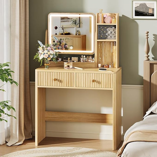 Memobarco Fluted Vanity Desk with Mirror and Lights, Small Makeup Vanity with 2 Drawers and Jewelry Storage Cabinet, 3 Lighting Modes Adjustable Brightness, Dressing Table for Bedroom - Natural Oak