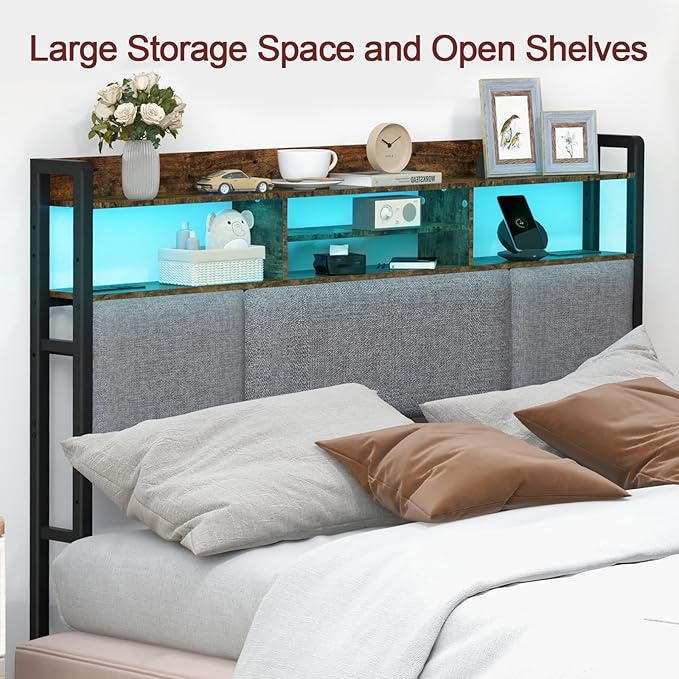 Livofloral Upholstered Queen Size Headboard with 2 Power Outlets & LED Light, Head Board with Storage Shelves for Bed, Queen Headboard Only, Height Adjustable, Sturdy & Stable, Brown