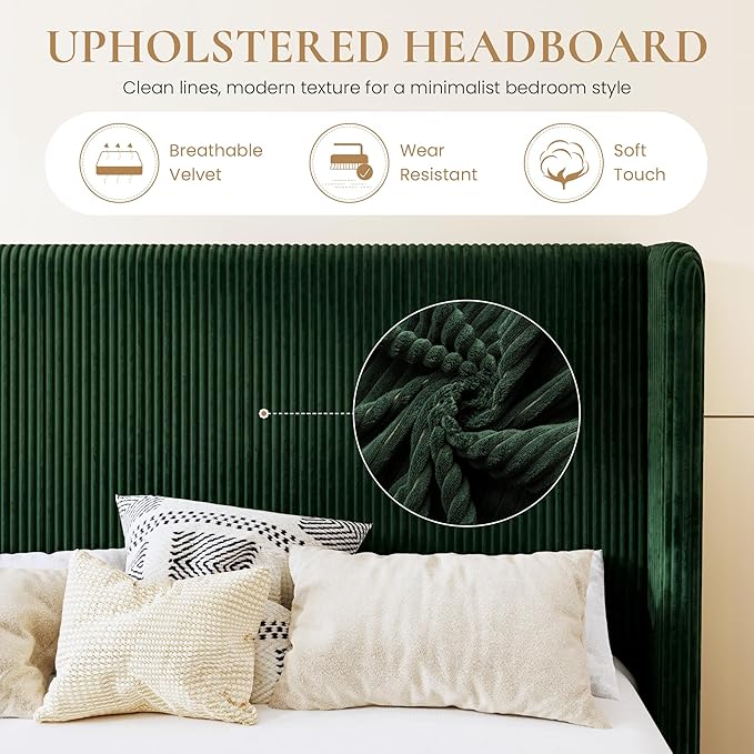 SHA CERLIN King Size Corduroy Upholstered Platform Bed Frame with Vertical Channel Tufted Wingback Headboard, 8" Under Bed Storage, Wooden Slats & Metal Frame Support, Easy Assembly, Dark Green