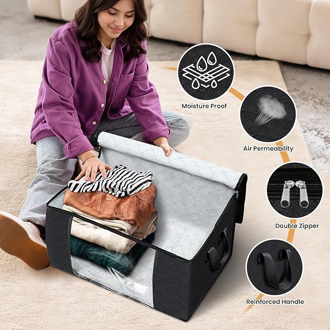Fab totes Storage Bags,Clothes Blanket Storage Bins Foldable Closet Organizers with Reinforced Handle for Home Dorm Storage and Organization,Fabric Bags for Organizing Sheets,Clothing (Black,6 Pack)