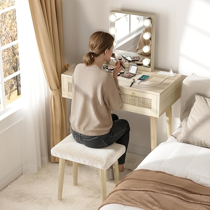 BOLUO Makeup Vanity Desk with Hollywood Mirror and Lights, Boho Girls Vanity Set with Stool, Make Up Dressing Table with Drawers and Outlet for Bedroom