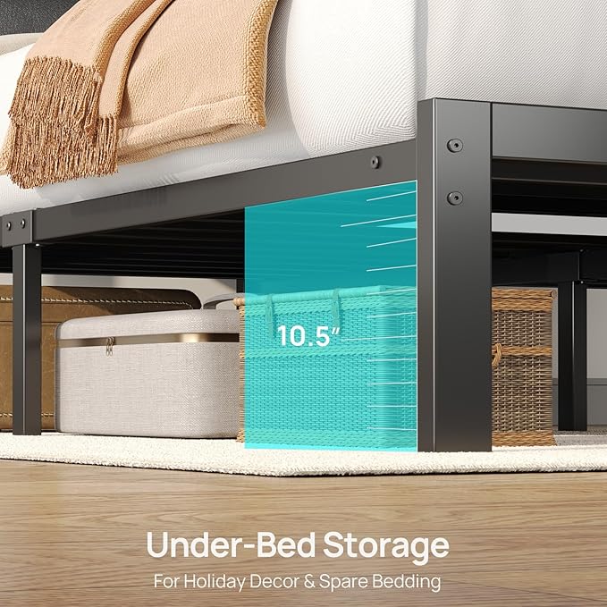 Rolanstar Bed Frame Twin Size with Charging Station, LED Twin Bed Frame with Upholstered Storage Headboard, Platform Bed with Metal Slats & Under Bed Storage, No Box Spring Needed, Noise Free, Black