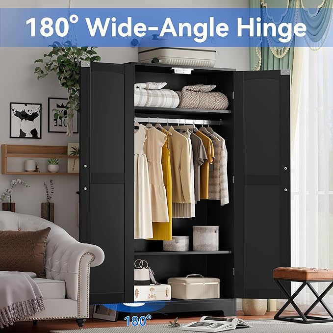 Wooden Armoire Wardrobe Closet, Wardrobe Cabinet with Door and Shelves, Freestanding Bedroom Armoires Clothing Storage Cabinet with Hanging Rod for Bedroom, Laundry Room, Cloak Room（Black）