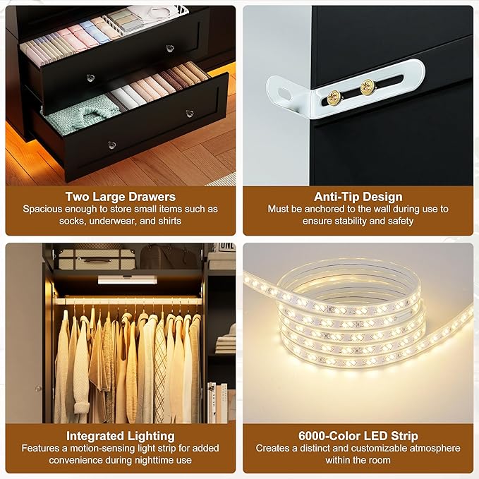 92.2" Tall Armoire Wardrobe Closet with Mirror & Motion Sensor Light, Large Storage Cabinet with 2 Drawers, Hanging Rod & Adjustable LED Strip, Anti-Tipping Wood Bedroom Furniture, 47.4"L, Balck