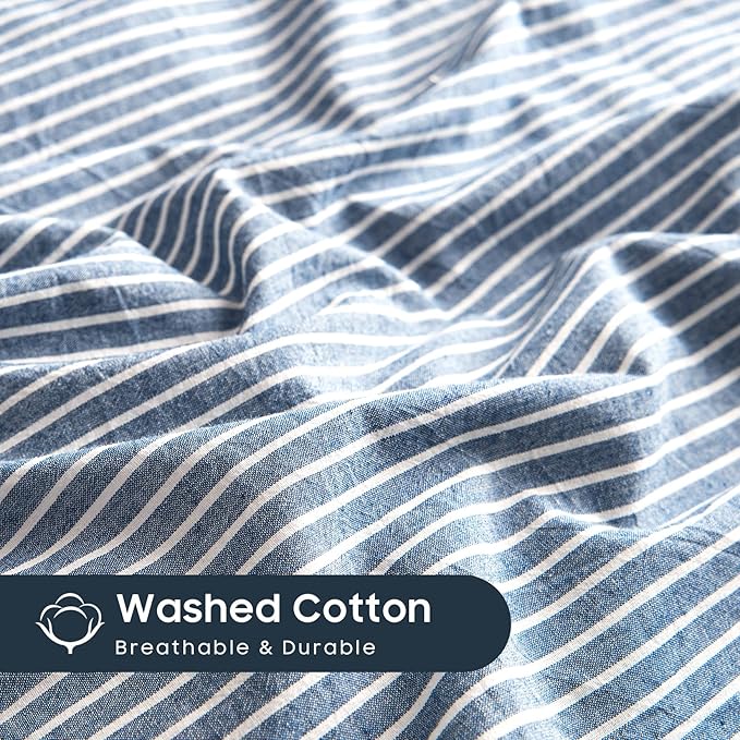 Wake In Cloud - Striped Cotton Duvet Cover Set, 100% Washed Cotton Textured Percale Bedding Set, Ticking Stripe Pinstripe Farmhouse, 3 Pieces, Denim Blue, Full Size