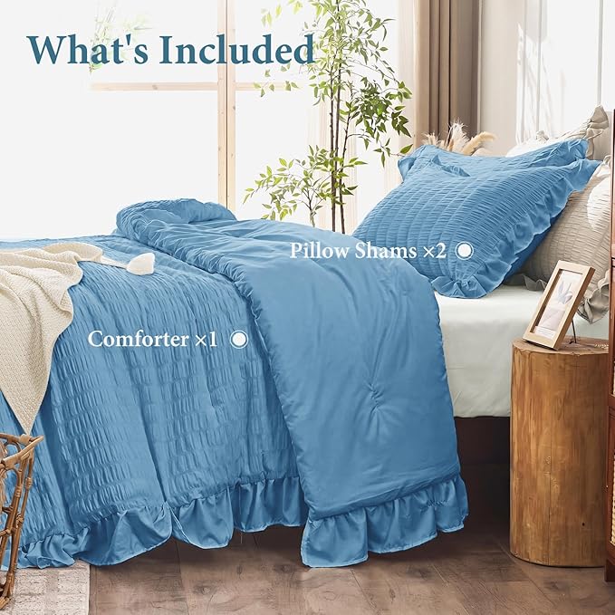 JOLLYVOGUE King Size Comforter Set, 3 Pieces Sea Blue Seersucker Comforters King Size, Lightweight & Fluffy Bedding Sets King for All Season with 1 Ruffle Comforter and 2 Ruffle Pillowshams