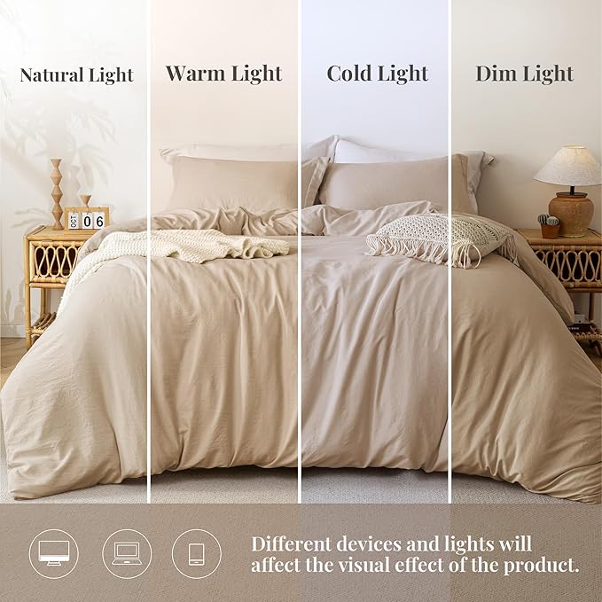 MILDLY Super Soft Duvet Cover - 100% Washed Microfiber Light Khaki Comforter Cover Set 3 Pieces with Zipper Closure & Corner Ties (No Comforter)