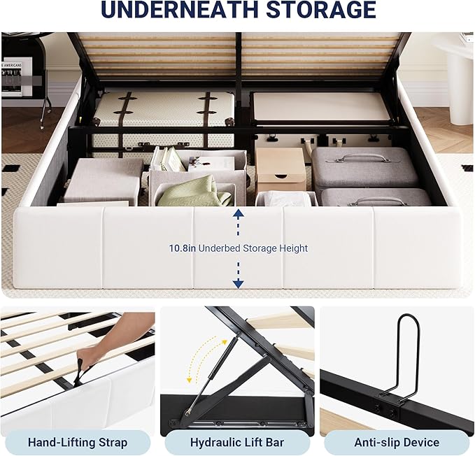 Allewie Full Size Velvet Lift Up Storage Bed Frame, Vertical Channel Tufted Headboard, Hydrualic Underneath Storage, Upholstered Platform Bed, Wooden Slats Support, No Box Spring Needed, White
