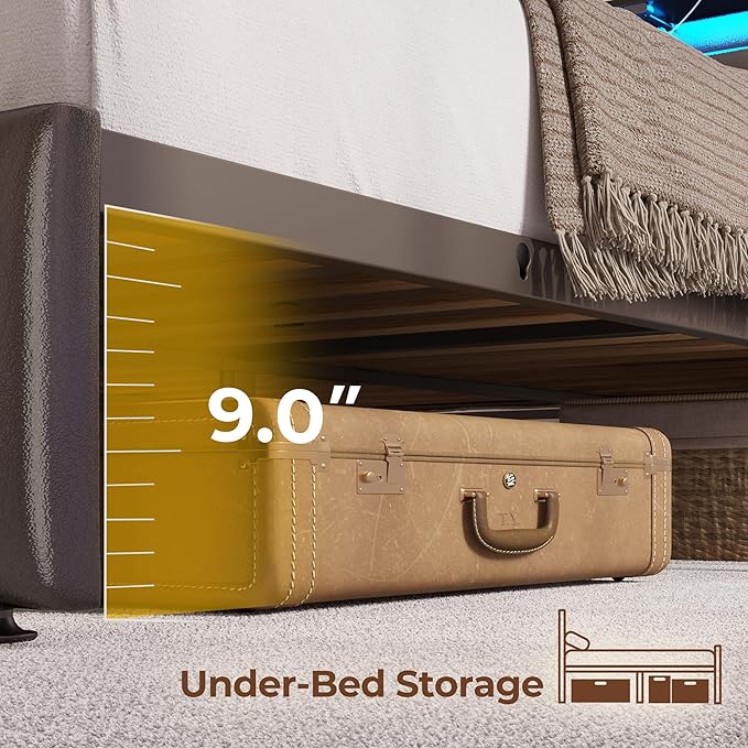 Rolanstar Twin Size Bed Frame with LED Lights and Charging Station, Upholstered Headboard with 2-Tier Storage Shelves, Heavy Duty Metal Frame, Noise-Free Support, Easy Assembly, No Box Spring Needed