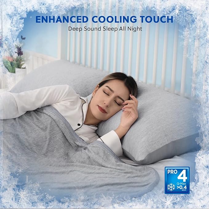 HOMFINE Cooling Pillowcases King Size - Double Side Q-Max 0.439 Cooling Fiber for Pillow Protector, Breathable Cold Pillow Cover for Hot Sleeper Night Sweat, Hidden Zipper, 2 Pack (20"x36", Grey)