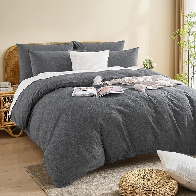 NEXHOME PRO Duvet Cover Full 100% Washed Cotton, Heathered Black Breathable, Durable, Textured, Linen Like, Home Bedding Set 80"x90"