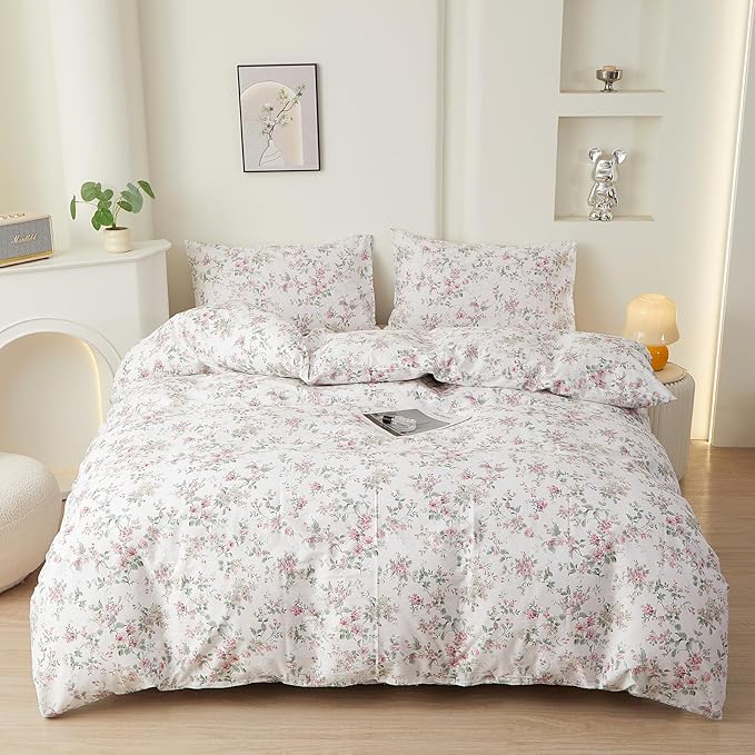 VM VOUGEMARKET Girl's Pink Flower Duvet Cover Set Twin,Pure Cotton Bedding Set Vintage Floral Prints on White Duvet Cover Conquette Cottagecore for Teen Girls