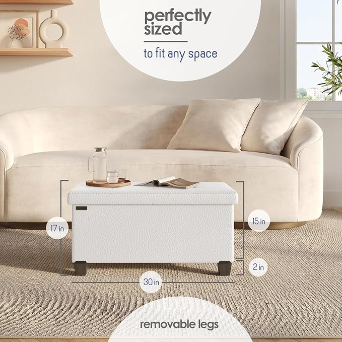 Storage Ottoman Bench with Bins, 30-in Storage Bench for Bedroom End of Bed, Folding Foot Rest Ottoman for Living Room Max 660lbs, Faux Leather Ottomans, Cream