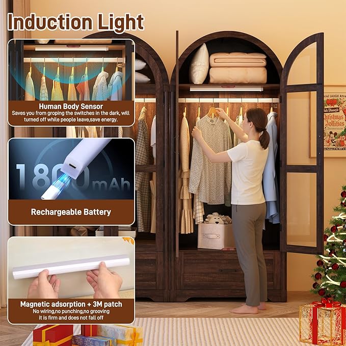 chartustriable 2 Doors Arched Armoire Wardrobe Closet w/Drawers,LED Light,Wooden Closet Wardrobe Cabinet with Hanging Rod for Bedroom,Modern Armoire Storage Cabinet w/Shelf,Rustic Brown