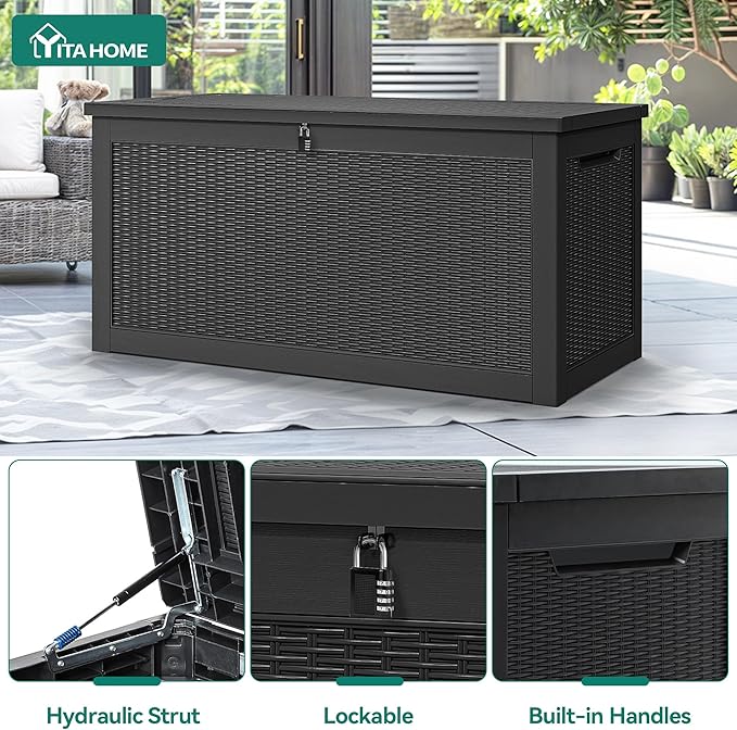 YITAHOME 320 Gallon Outdoor Storage Box, Large Water Resistant Resin Deck Box, Indoor Outdoor Lockable Storage Container for Patio, Garden, Cushions, Tools, Equipment(Black)
