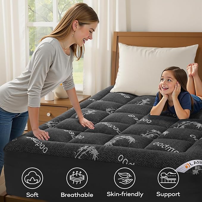 OLANLY Twin Mattress Topper – Viscose Made from Bamboo, Cooling Soft Twin Pillow Top Mattress Pad for Back Pain Relief, Plush Down Alternative Fill Bed Topper with Elastic Deep Pocket, Dark Gray
