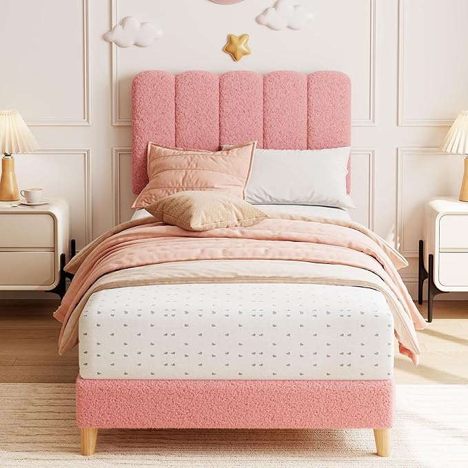 GarveeHome Twin XL Bed Frame, Upholstered Platform Bed with Wave Headboard for Girls/Kids, Easy Assembly, Wooden Slats Support, No Box Spring Needed, Boucle Pink