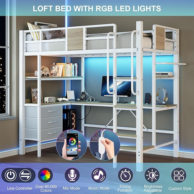 Garvee Twin Loft Bed with Desk and Stairs, Heavy Duty Loft Bed with RGB LED Lights, Charging Station, 3 Fabric Storage Drawers & 2 Open Shelves, No Box Spring Needed