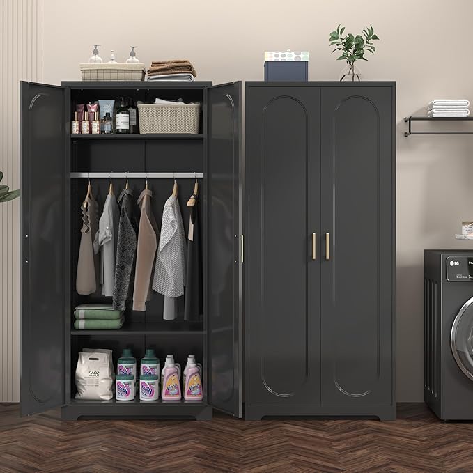 Metal Wardrobe Cabinets，Armoire Wardrobe Closet with Hanging Rod,Clothes Storage Cabinet with Adjustable Shelves and Doors, Clothing Cabinet for Bedroom, Office, Laundry Room