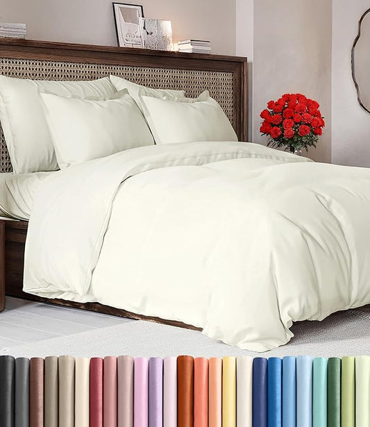 Duvet Cover Cal King Size Set - Extra Soft Cal King Duvet Cover 104" x 98" with 2 Pillow Shams - Hotel Luxury, Easy Care & Fade Free with Zipper Closures & Ties - Comfy, Cozy and Breathable (Ivory)
