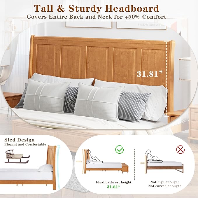 KEIKI King Size Bed Frame with Storage Bench, Solid Wood Sleigh Bed with High Headboard and 64" Storage Chest, Rubberwood Platform Bed, No Box Spring Required, Natural