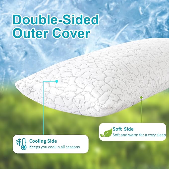 Cooling Body Pillow for Adults, Shredded Memory Foam Full Body Pillow with Adjustable Loft & Removable Washable Cover, Long Bed Pillow for Side Sleepers, Back Pain Relief (20x54 Inches)