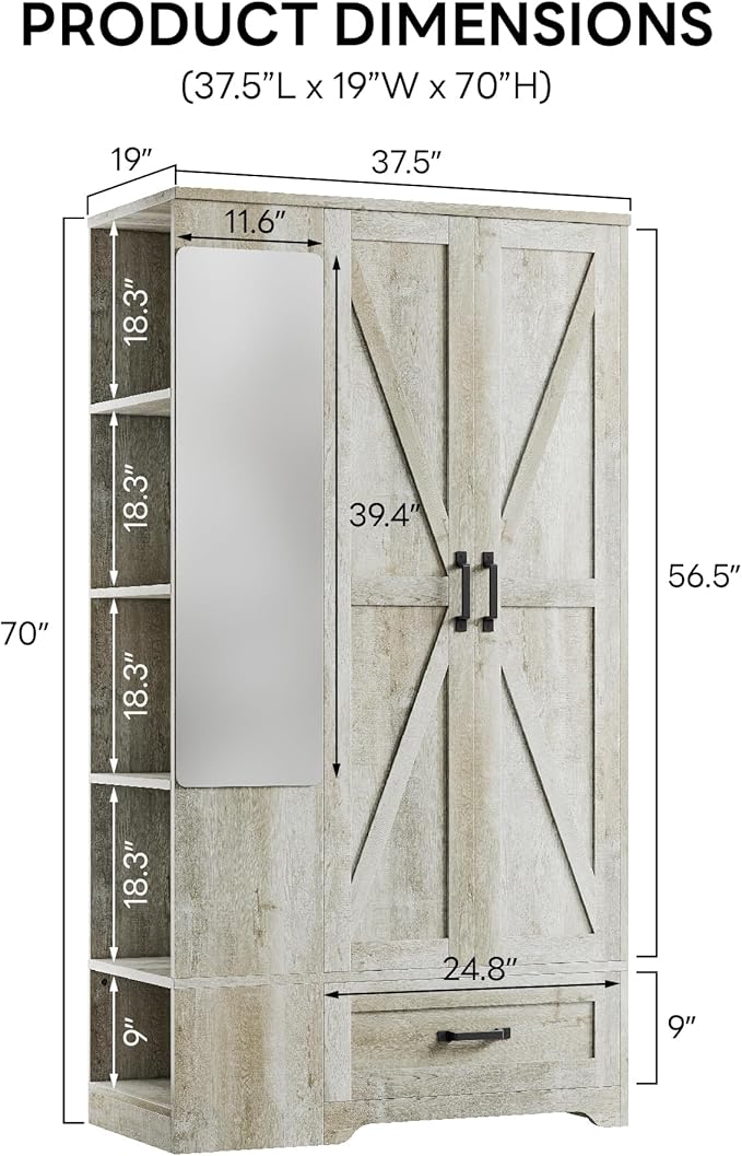 LIKIMIO Armoire Wardrobe Closet 70 Inches, Large Storage with Mirror, 2 Doors, Drawer, and Shelves, Modern Bedroom Freestanding Wooden Wardrobe Combination with Hanging Rail, Rustic Maple