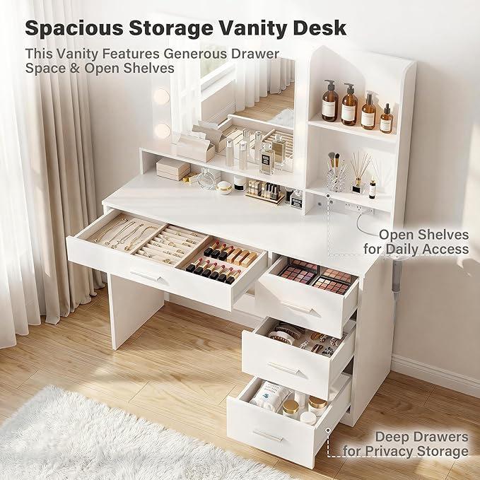 YESHOMY 39" Vanity Desk with Mirror & Lights, Makeup Vanity Table with Power Outlet & Storage Drawers, 3 Color LED Lighting, Dressing Table for Bedroom, White
