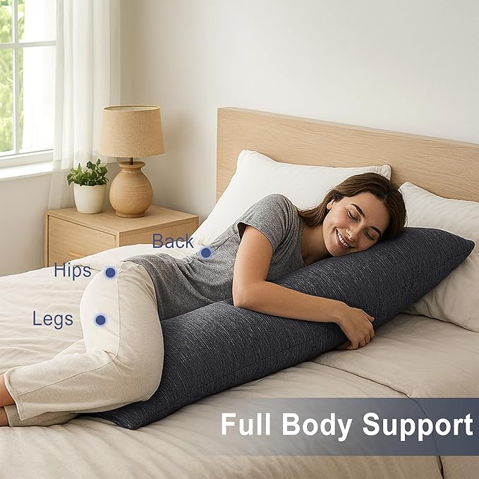 DWCN Cooling Body Pillow for Adults, 20x54 Inch Grey - Shredded Memory Foam Body Pillow with Removable & Adjustable Filling, Full Body Support for Side Sleepers, Pregnancy & Pain Relief