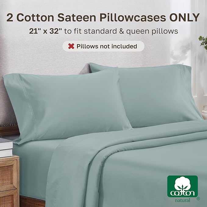 California Design Den Heirloom Soft, Smooth & Thick Certified 800 Thread Count 100% Cotton Sateen, 2 Pillow Cases Standard Size Fits Standard & Queen Size Pillows (Soft Celadon)