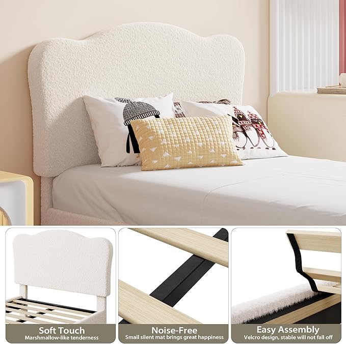 GarveeHome Upholstered Twin XL Size Bed Frame for Kids with Scallop Headboard, Cute Velvet Twin XL Bed for Girls, Boys, Sturdy Platform Bed, No Box Spring Needed, Wooden Slats, Noise Free, Beige