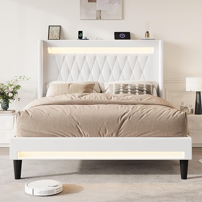 SHA CERLIN Full Size LED Bed Frame with Charging Station, Velvet Upholstered Platform Bed with High Wingback Headboard, No Box Spring Needed, Easy Assembly, White