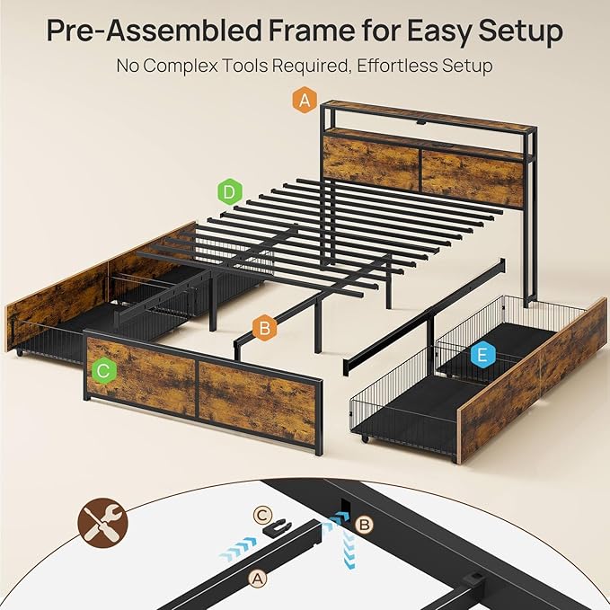 Rolanstar Twin Bed Frame with 4 Storage Drawers, Charging Station and LED Lights, Metal Platform Bed with 2-Tier Storage Headboard, No Box Spring Needed, Easy Assembly, Noise-Free, Rustic Brown