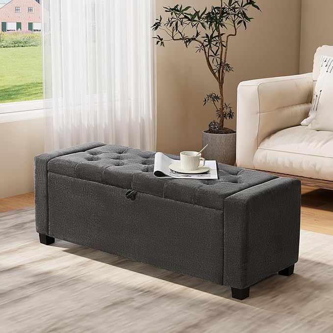 Royal Windsor Ottoman with Storage,Tufted Storage Bench with Safety Hinge,Holds up to 350 lb,Upholstered Bench with Seating for Bedroom, Living Room,Entryway,Linen Dark Gray