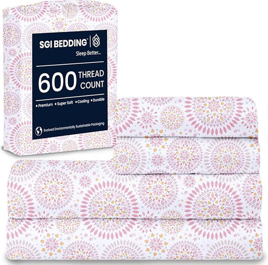 SGI bedding 100% Egyptian Cotton Sheets Full Size – 600 Thread Count Sheets Set, Soft, Cooling, 15" Deep Pocket, Luxury Hotel Bedding, Breathable, Durable - Boho Mandala