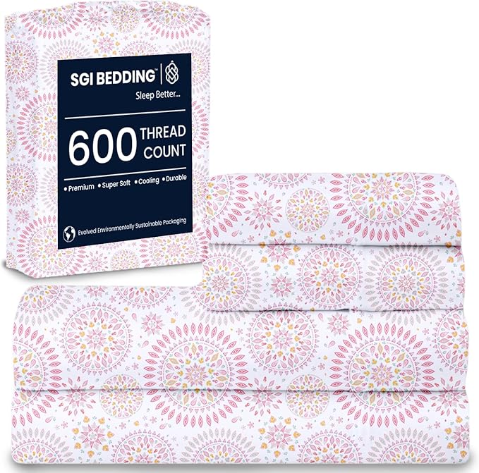 SGI bedding 100% Egyptian Cotton Sheets RV King Size – 600 Thread Count Sheets Set, Soft, Cooling, 15" Deep Pocket, Luxury Hotel Bedding, Breathable, Durable -Boho Mandala