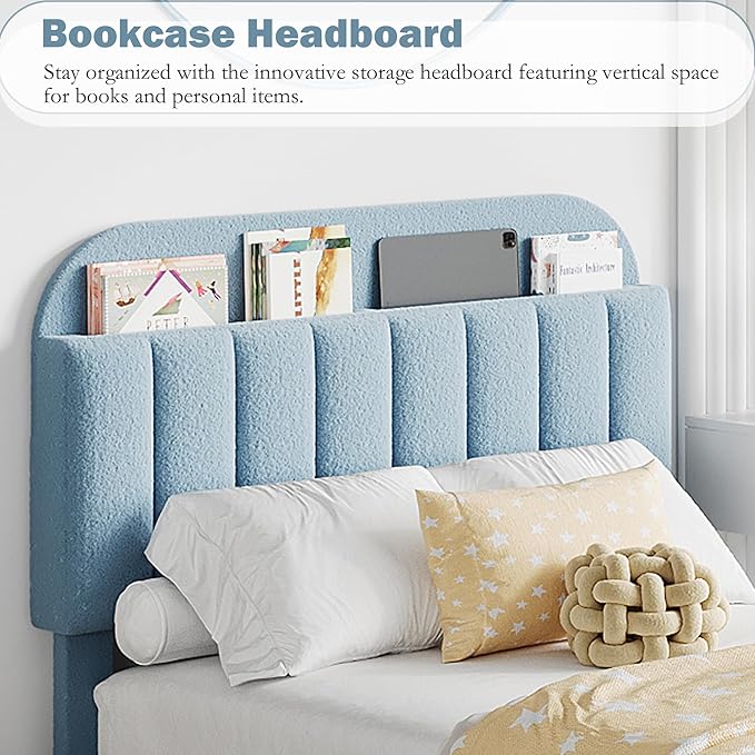 IDEALHOUSE Twin Bed Frame for Kids, Boucle Upholstered Platform Bed for Boys with 2 Flexible Drawers, Bookcase Headboard, Noise-Free, Easy Assembly, No Box Spring Needed, Blue