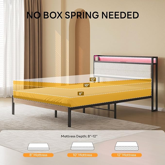 LIKIMIO Queen Bed Frame with Storage Headboard and LED Lights, Metal Platform Bed with Charging Station, Noise Free, No Box Spring Needed, Under Bed Storage, Natural and Cream