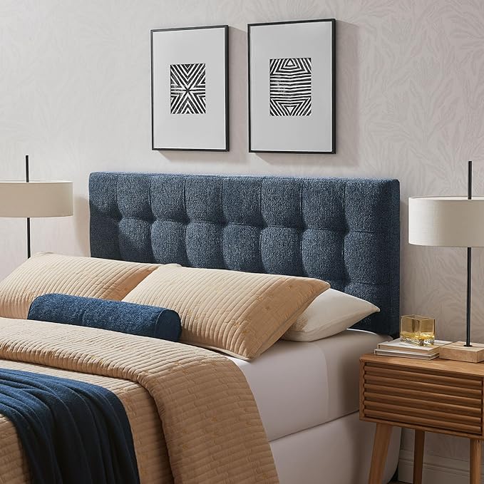 Modway Lily Full Size Headboard with Biscuit Tufting in Navy - Fabric Upholstery with Padded Design and 5 Height-Adjustable Mounts