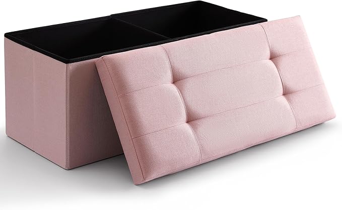 Storage Ottoman Bench Foldable Seat Footrest Shoe Bench End of Bed Storage with Flipping Lid, 75L Storage Space, 30 inches Linen Fabric Pink, OT026PK