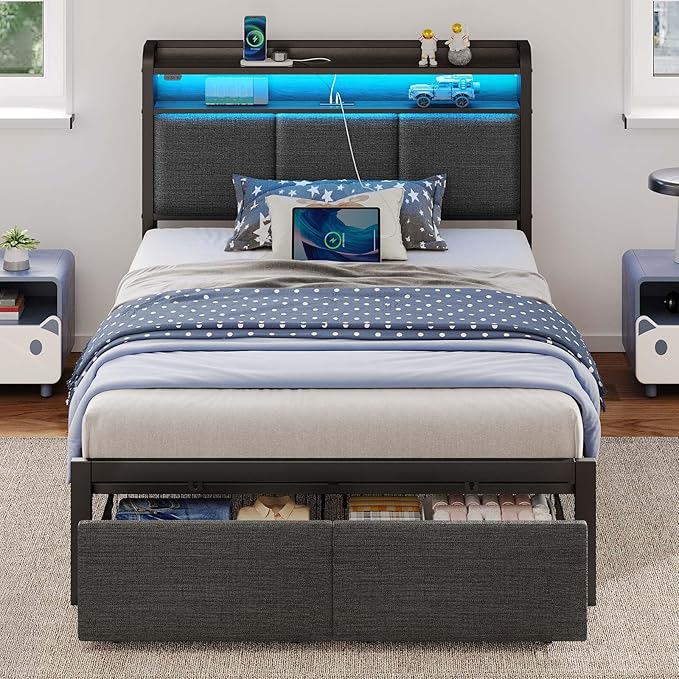 Rolanstar Bed Frame Twin Size with Charging Station and LED Lights, Upholstered Headboard with Storage Shelves, Heavy Duty Metal Slats, No Box Spring Need, Noise Free, Easy Assembly, Dark Grey