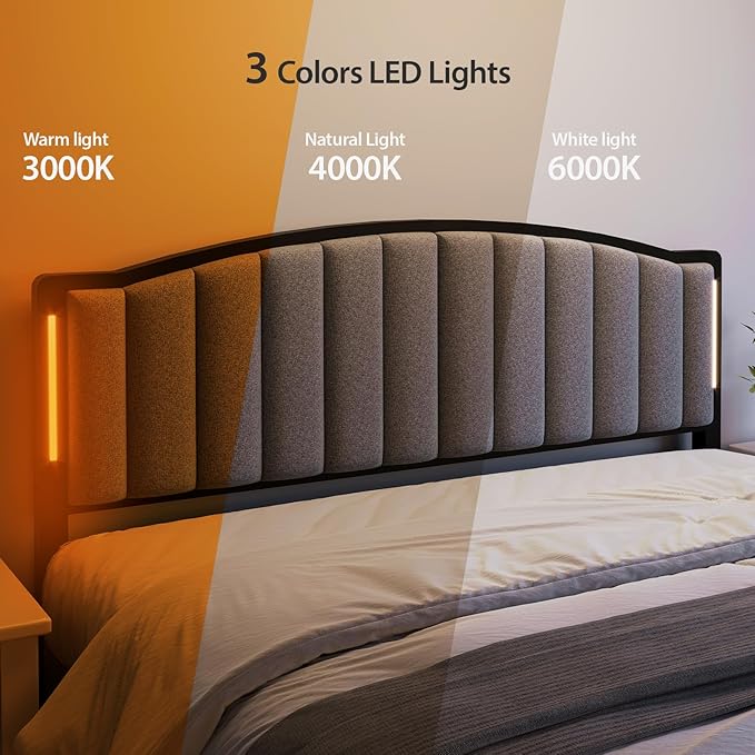 Headboard for Full Size Bed with LED Lights, Upholstered Vertical Channel Tufting Head Boards, Linen Fabric Bed Headboard Only, Attach Frame, Ideal for Bedroom, Dorm, Guest Room, Grey