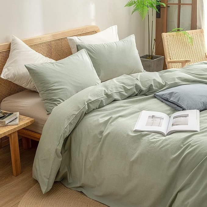 BESTOUCH Duvet Cover Set 100% Washed Cotton Linen Feel Super Soft Comfortable Chic Lightweight 3 PCs Home Bedding Set Solid Sage Green Alaska King