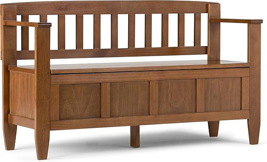 SIMPLIHOME Brooklyn Entryway Storage Bench - 48 inch Wide Solid Wood Hallway Bench in Medium Saddle Brown, Contemporary Mudroom Bench for Entry or Foyer with Lift-Up Lid and Spacious Hidden Storage