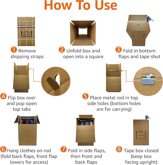 Amazon Basics Sturdy Wardrobe Moving Boxes with Hanger Bar for Packing Clothes, Easy to Assemble, With Handles, 20" x 20" x 34", Brown, 3-Pack