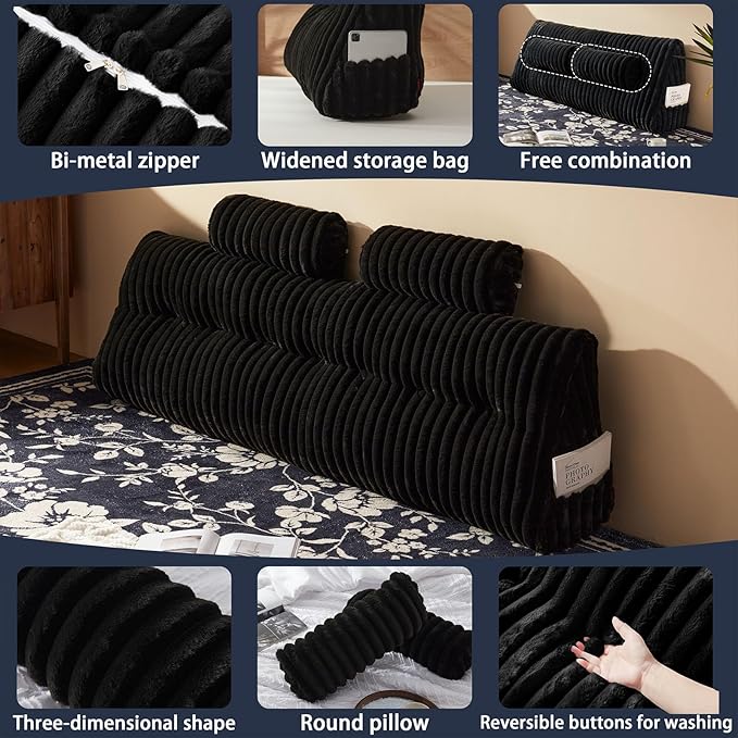 Rycwola Faux Fur Headboard Pillow with 2 Pack Neck Roll Pillow Large Headboard Pillow Soft and Supportive with Removable Cover (Black, King)