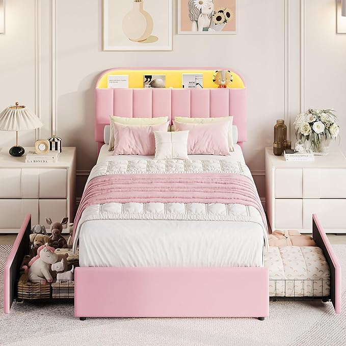 GarveeHome Twin XL Bed Frame with Storage Headboard, Kids Bed Frame with 2 Drawers, Velvet Upholstered Platform Bed Frame with Lights, No Box Spring Needed, Easy Assembly, Velvet Pink