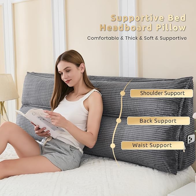 Zelladorra Wedge Pillow Headboard, Headboard Pillow King for Reading or Sitting, Bolster Pillow with Large Memory Foam, Removable Cover, Dark Grey