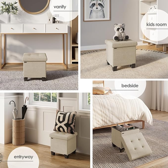 Storage Ottoman Cube with Small Bin, 15-in Square Ottoman with Storage for Living Room and Bedroom, Small Ottomans Foot Rest, Fabric Foot Stools Ottomans Max 330lbs, Beige